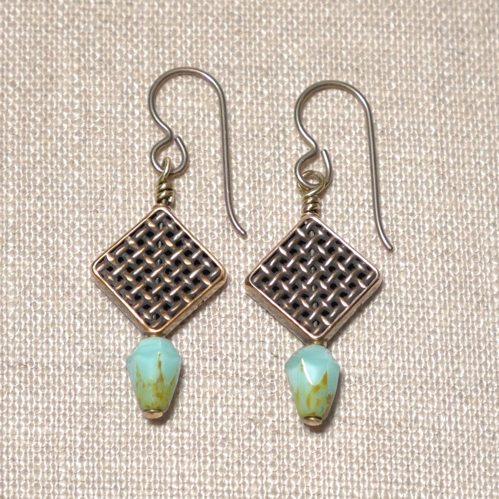 Hand Crafted Handmade Earrings Woven Copper Beads Aqua Czech Glass Beads